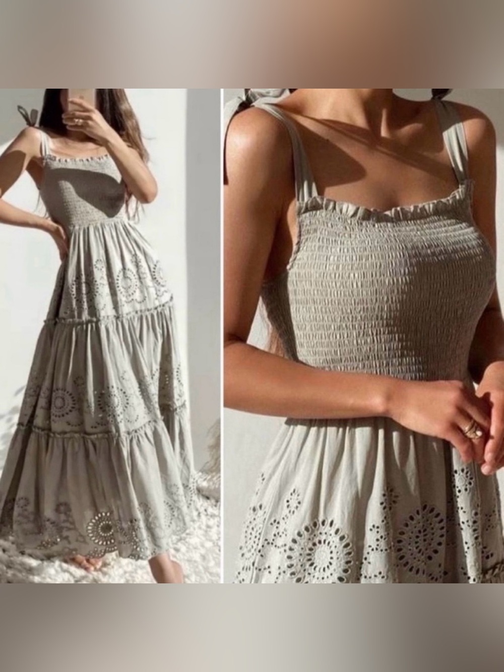 Women’s Zara Smocked Tiered Eyelet MIDI Dress Size S Sage Green Cottage Core